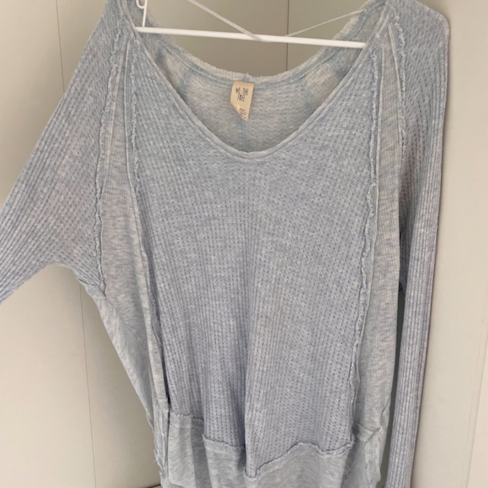 We The Free People Catalina Thermal Top Blue Waffle Raw Seams Oversized